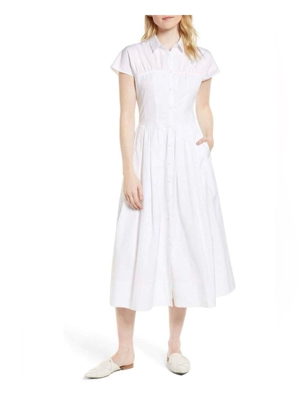 NWOT Lewit Corset style Waist Shirtdress 10 White Cotton Midi Quiet Luxury Chic